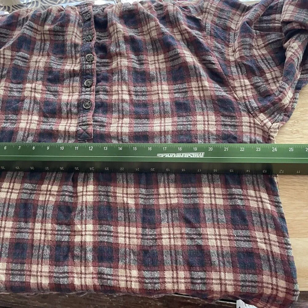 Free People Top Plaid Band Collar 1/4 Button Long Sleeve Boho Womens Medium‎